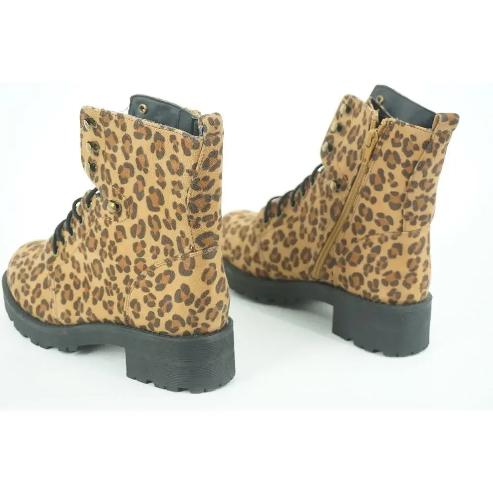 Mia Miki Combat Leopard Print Lug Ankle Boots Size 6.5 Zip Lace Up Brown